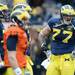 Michigan offensive linesman Taylor Lewan stands on the field during spring practice at Michigan Stadium on Saturday, April 13, 2013. Melanie Maxwell I AnnArbor.com
